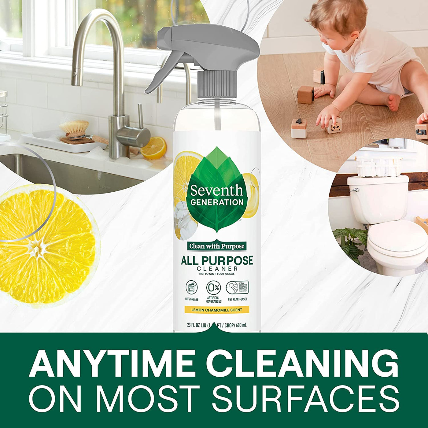 All Purpose Cleaning Spray Surface Cleaner Lemon Chamomile Scent Cuts Grease 23 Oz, Pack of 4