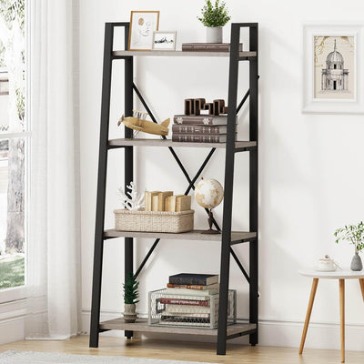 Rustic Ladder Bookshelf, 4 Tier Industrial Ladder Shelf Bookcase, Standing Leaning Book Shelves for Living Room (Dark Gray Oak)