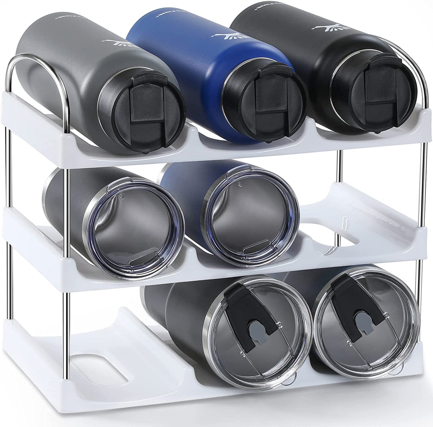 [ Large Compartment ] 3 Tier Stackable Water Bottle Organizer for Cabinet - 9 Bottle Holder Rack for Tumblers, Cups, Wine Bottles - Home Storage, Kitchen Organization Shelf for Countertop, Cupboard