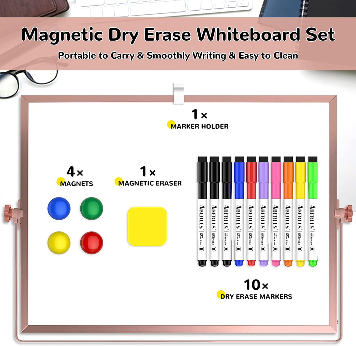 16 X 12 Inches Dry Erase Whiteboard, Rose Gold Magnetic Desktop Double-Sided White Board with Stand, 10 Markers, 1 Eraser, 4 Magnets, Portable Whiteboard Easel for School Office Home