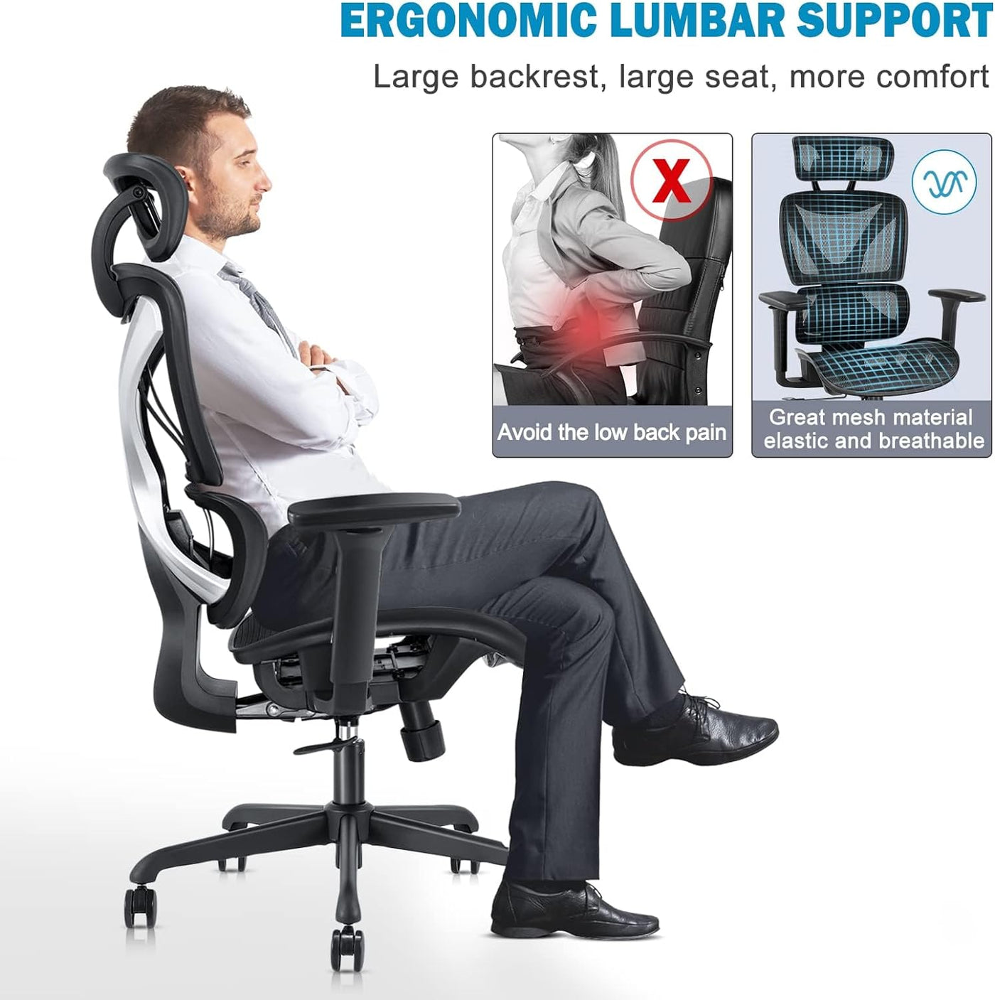 Ergonomic Office Chair, Mesh Desk Chair with Lumbar Support, Adjustable 3D Arms, Reclining, Headrest & Large Seat - Big and Tall Ergonomic Chair for Home Office Work(Grey)