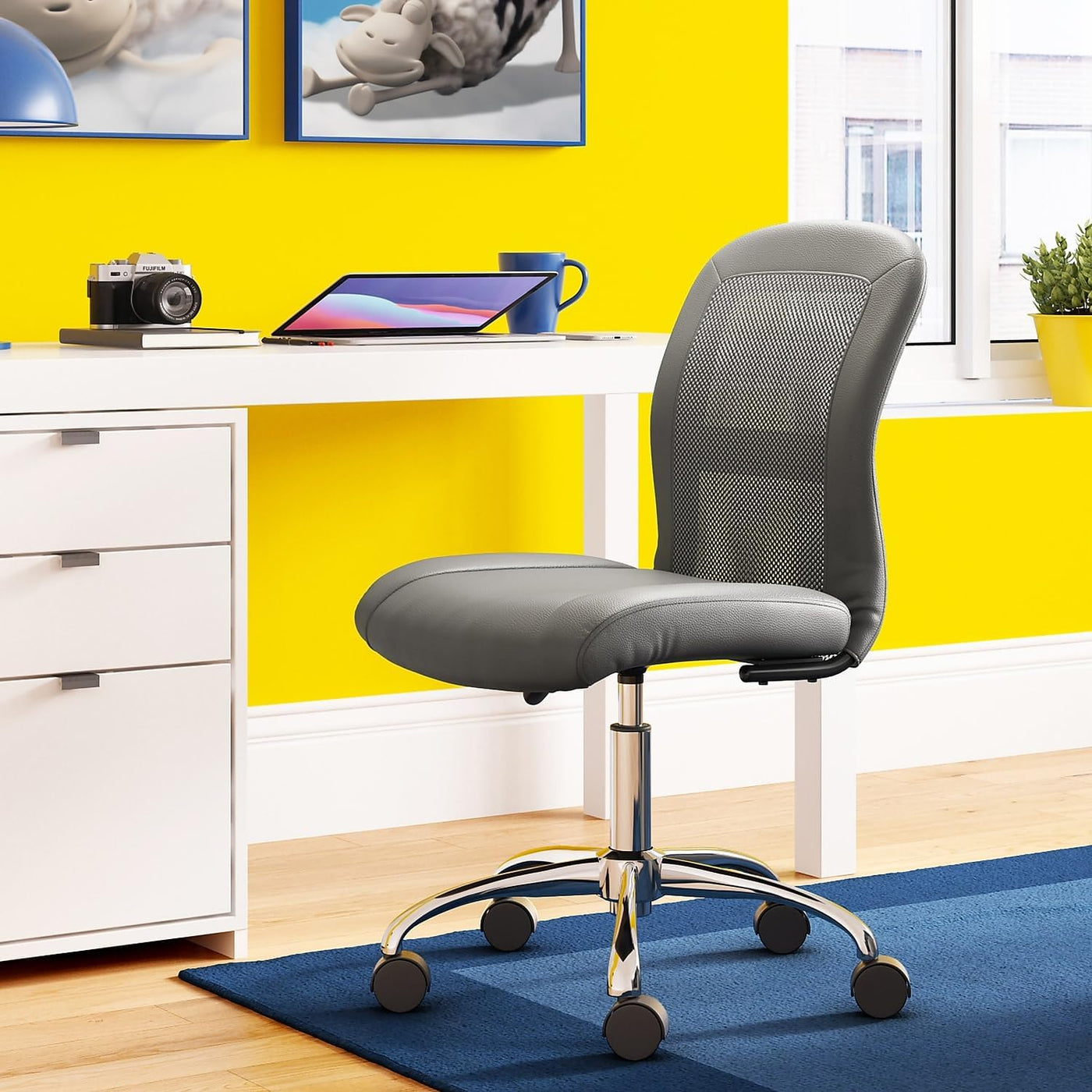 Essential Mesh Low-Back Computer Desk Task Chair with No Arms for Home Office or Conference Room, Faux Leather, Gray