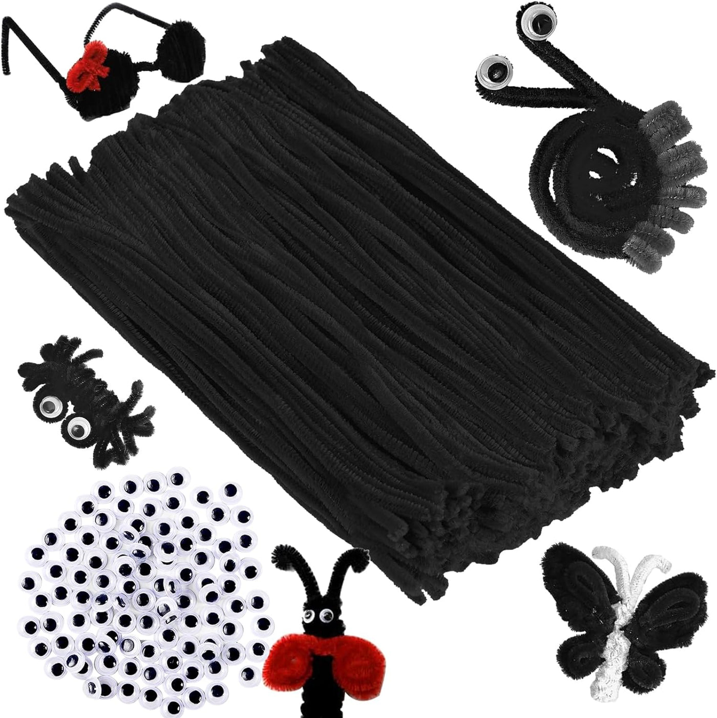 300Pcs Black Pipe Cleaners and Self-Adhesive Wiggle Eyes, Christmas Pipe Cleaners, Pipe Cleaners Bulk, Art and Craft Supplies, Chenille Stems Pipe Cleaners, Pipe Cleaner Crafts