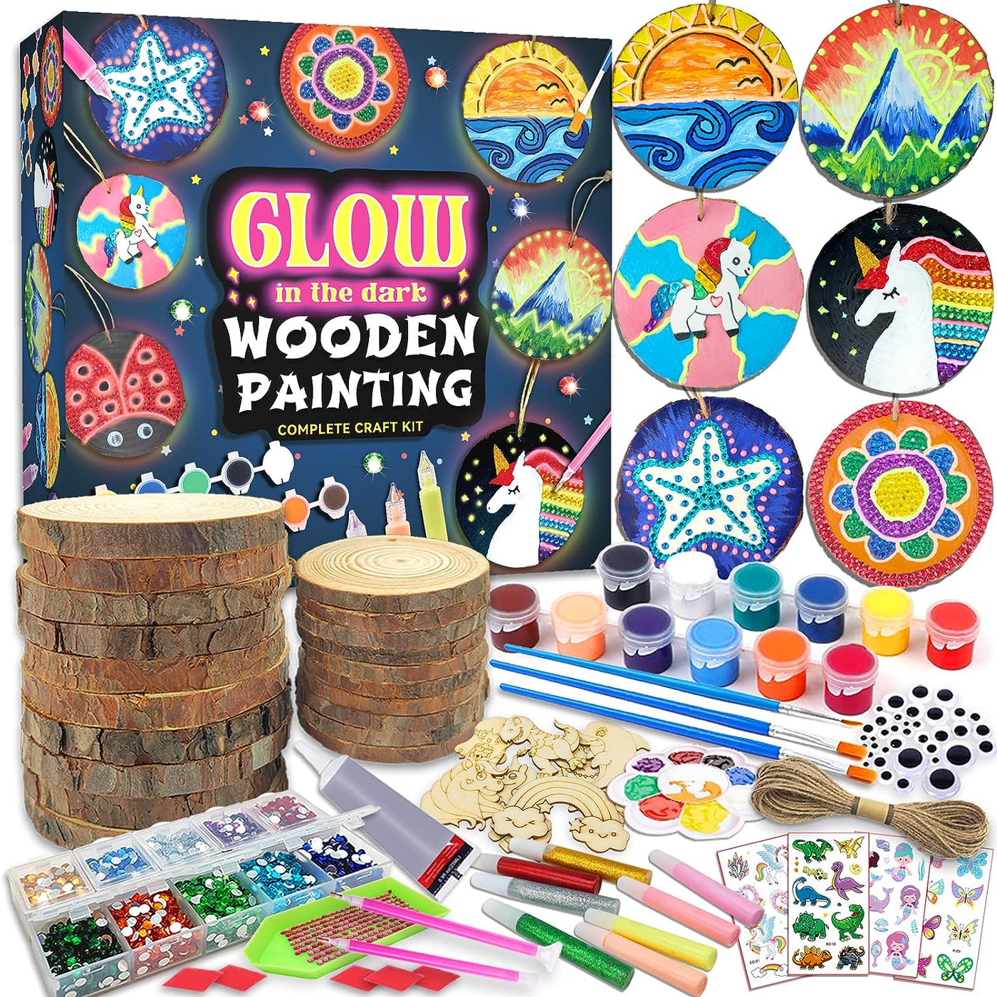 Kids Wooden Painting Kit-Glow in the Dark-Arts & Crafts Gifts for Boys Girls Ages 5-12-Wood Slice Craft Activities Kits - Creative Art Toys for 5, 6, 7, 8, 9, 10, 11 & 12 Year Old Kids